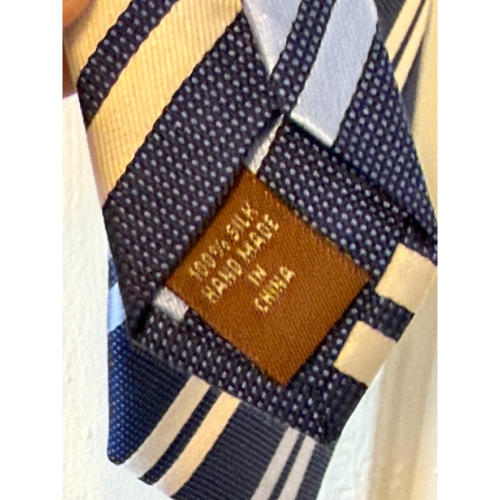 Tasso Elba Mens Navy Blue Light Blue White Striped 100% Silk Necktie Handmade - Picture 5 of 5